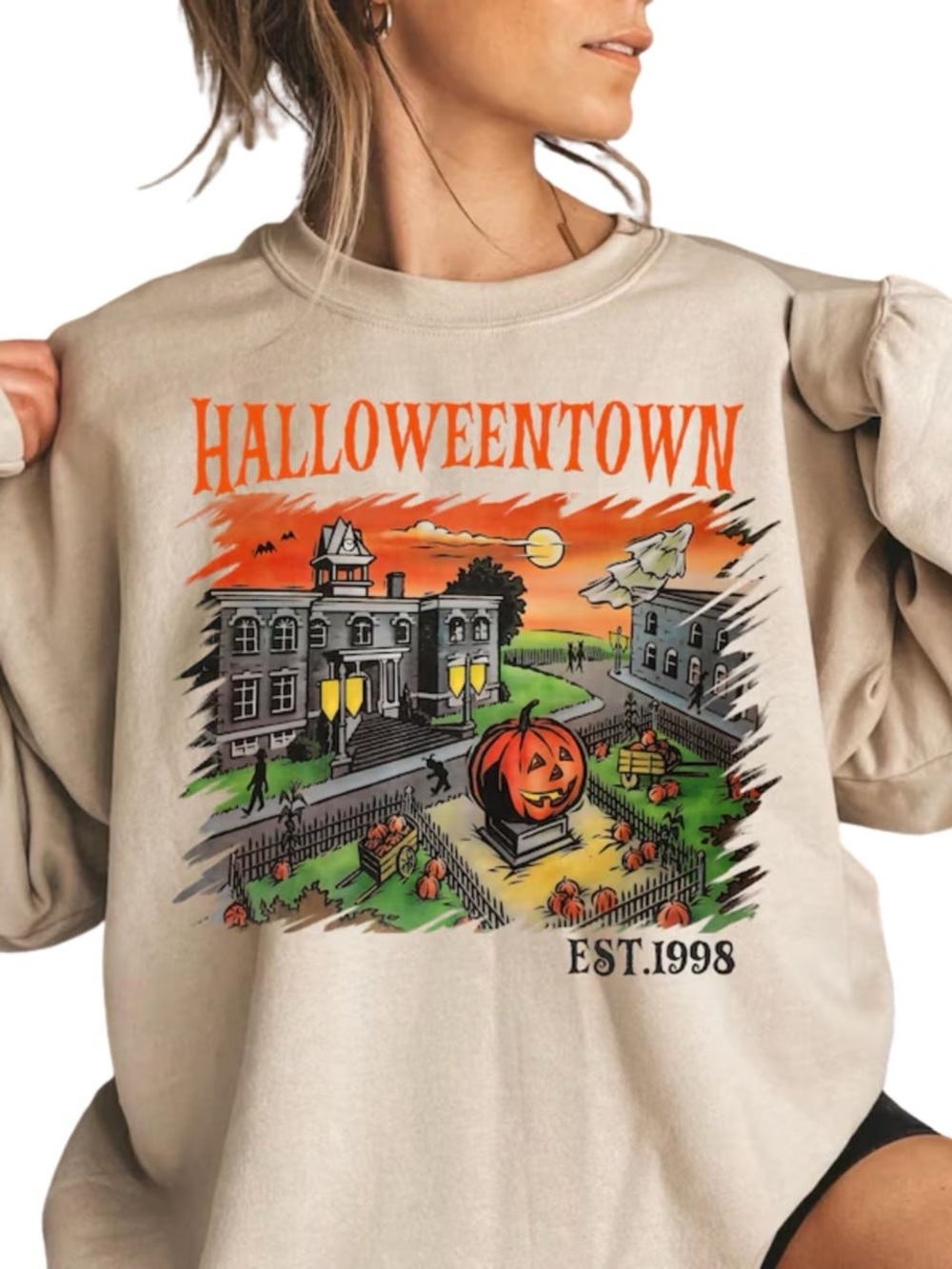 Sand Halloweentown Graphic Sweatshirt with Orange Print